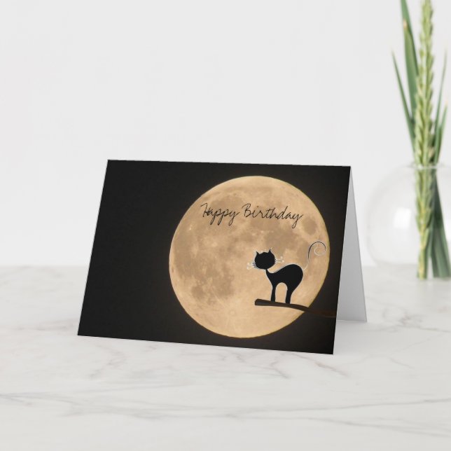 Carte Anniversaire gothique chat noir avec pleine lune (Devant)