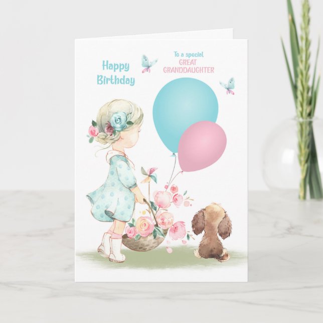 Carte Anniversaire Grande Petite fille avec chiot (Devant)