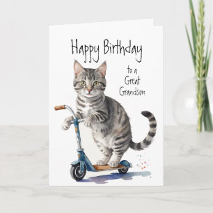 Carte Anniversaire Grandson Fun Cute Cat sur Kick Scoote