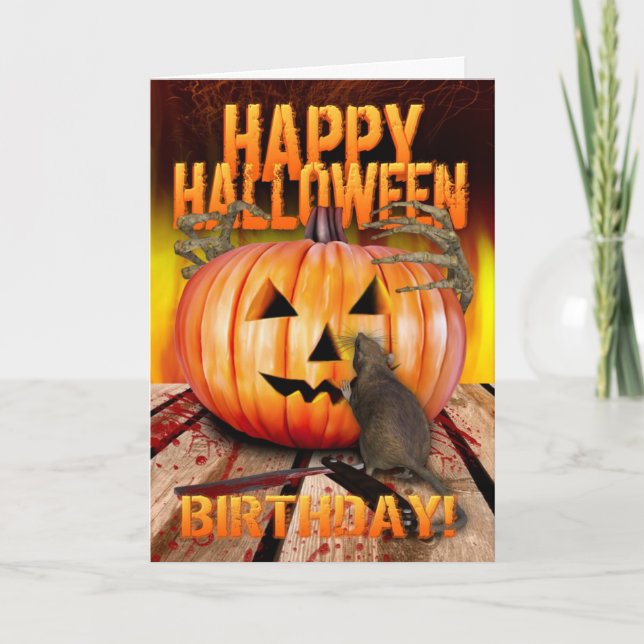 Carte Anniversaire Halloween Citrouille Rat, Squelette M (Devant)