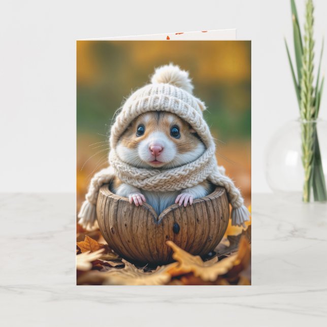 Carte Anniversaire Hamster d'automne en coquille de noix (Devant)