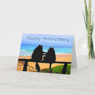 Carte Anniversaire heureux, silhouette de chats, plage