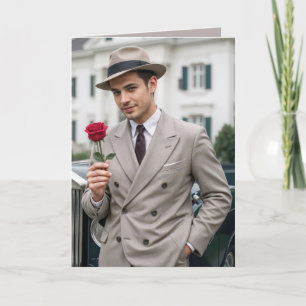 Carte Anniversaire homme beau tenant une rose rouge