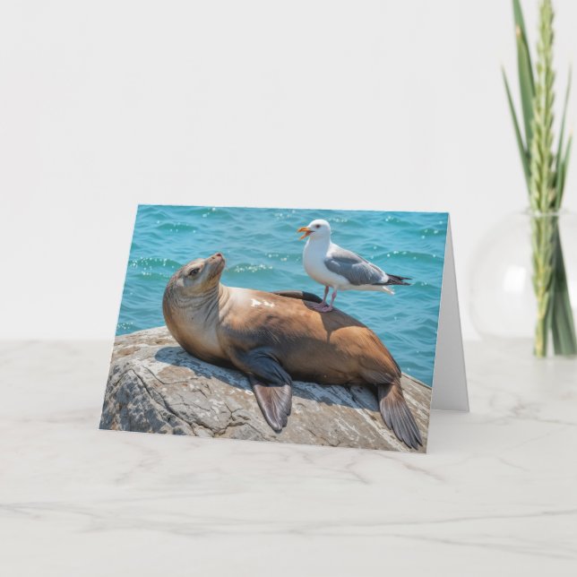 Carte Anniversaire Humour Mouette perchée sur un lion de (Devant)