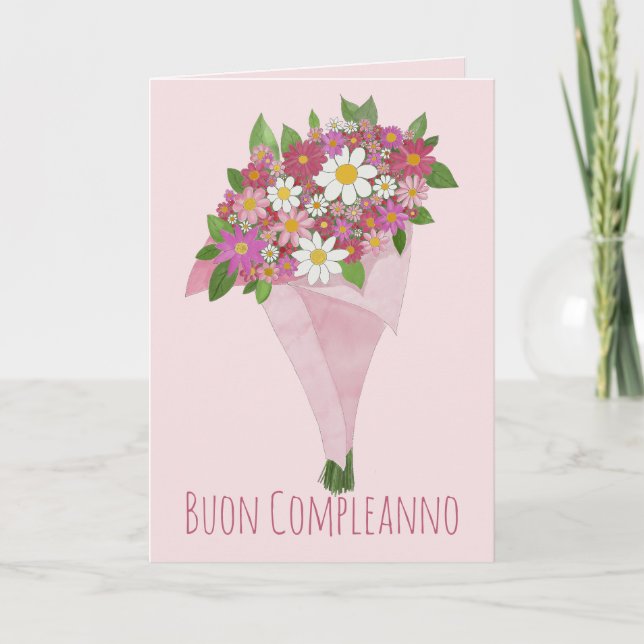 Carte Anniversaire Italien Bouquet rose de fleurs (Devant)