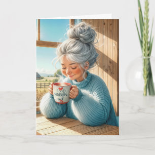 Carte Anniversaire Jolie Dame Senior Boire Café