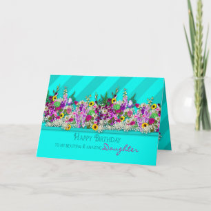 Carte Anniversaire MA fille, fleurs de jardin, rayure