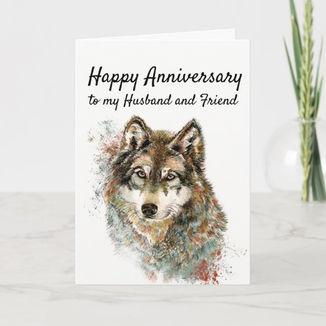 Carte Anniversaire Mari et ami Wolf Animal Art (Devant)