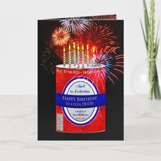 Carte Anniversaire, Mec, Canette de Bière, Feux d'Artifi (Devant)