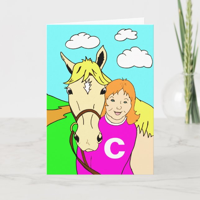 Carte Anniversaire mignon de poney et de fille (Devant)