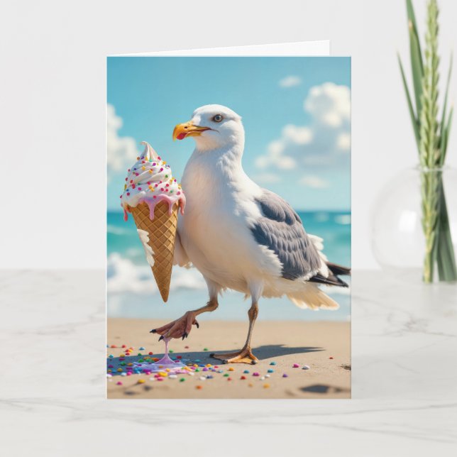 Carte Anniversaire Mouette tenant un cône de glace (Devant)