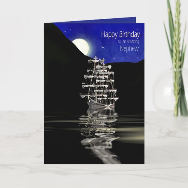 Carte Anniversaire, Nephew, Bateau avec voiles, Nuit (Devant)