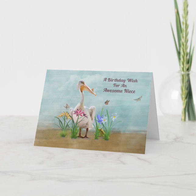 Carte Anniversaire, nièce, pélican, fleurs et papillons (Devant)