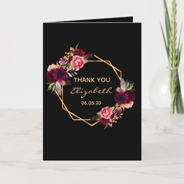 Carte Anniversaire noir floral or geo photo merci (Devant)