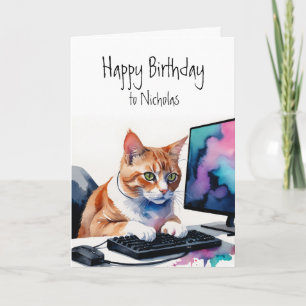 Carte Anniversaire Nom personnalisé Cat Gamer Ordinateur