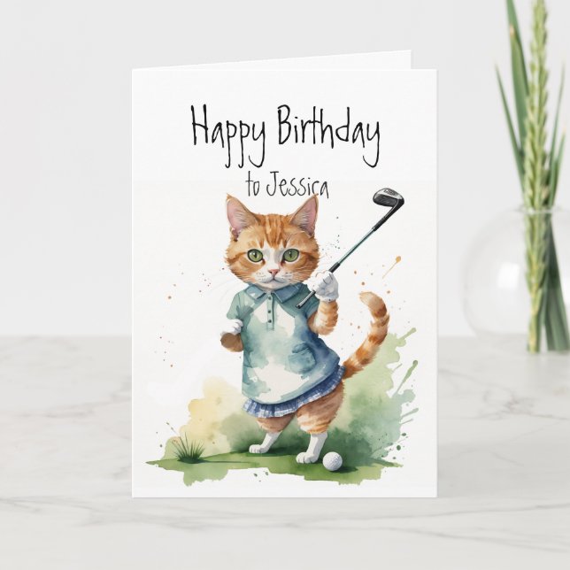 Carte Anniversaire Nom personnalisé Chat Golf (Devant)