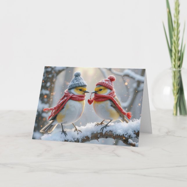Carte Anniversaire Oiseaux D'Hiver Avec Coeur Rouge (Devant)
