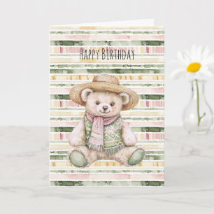 Carte Anniversaire Ourson Rayures Jaune Vert Rose