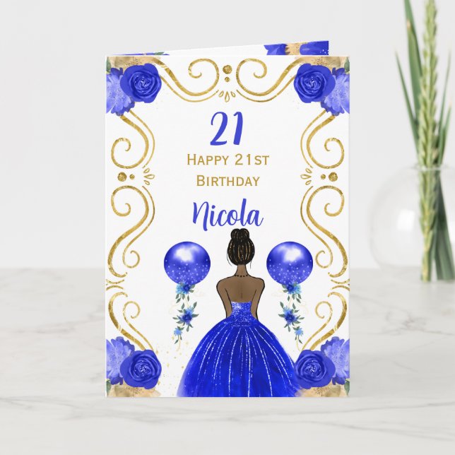 Carte Anniversaire Peau Noire Princesse Bleu Joyeux Anni (Devant)