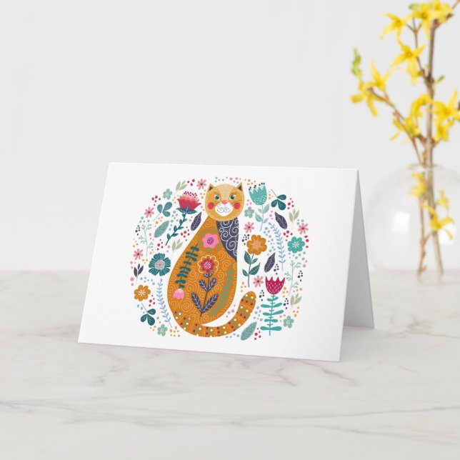Carte Anniversaire Penser de vous Bonjour Chat Folk Art  (Fleur jaune)