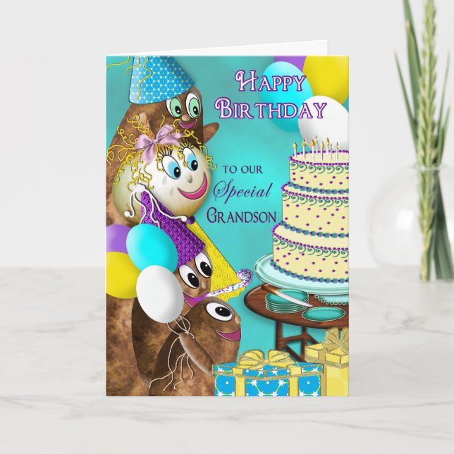 Carte ANNIVERSAIRE - Petit-fils - FAMILLE DE POMMES DE T (Devant)