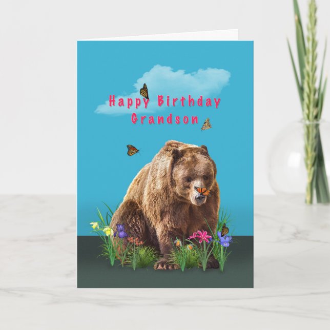 Carte Anniversaire, petit-fils, ours et papillons (Devant)