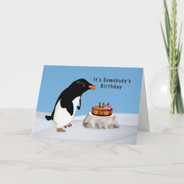 Carte Anniversaire, Pingouin humoristique et gâteau (Devant)
