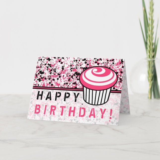 Carte Anniversaire Pink & Black Paint Splatter (Devant)