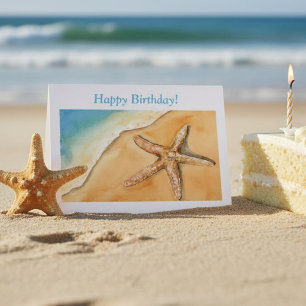 Carte Anniversaire Plage Étoile de Mer Côtière Aquarelle