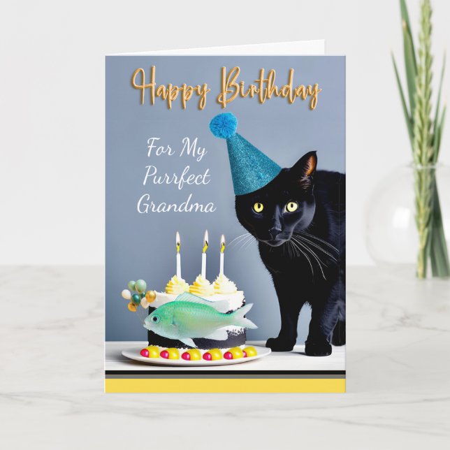 Carte Anniversaire pour grand-mère avec chat et gâteau n (Devant)
