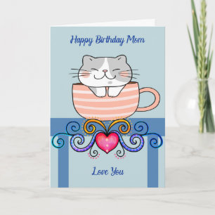 Carte Anniversaire pour maman avec chat en Coffee Cup
