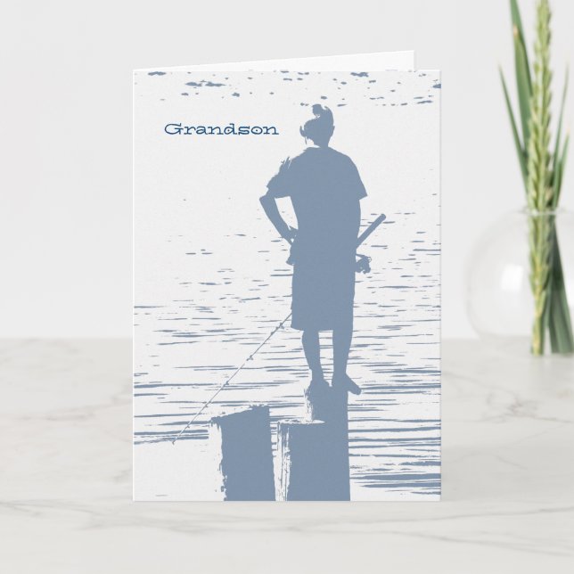Carte Anniversaire pour petit-fils, garçon pêchant à par (Devant)