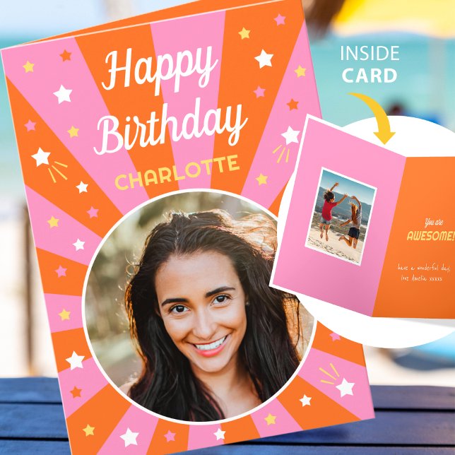 Carte Anniversaire Rétro Nom personnalisé 2 Photo rose o (Créateur téléchargé)