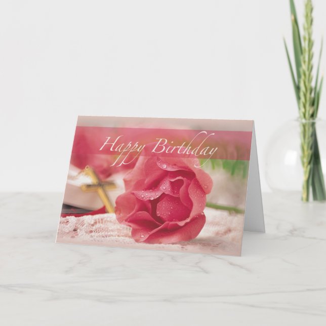 Carte Anniversaire Rose, Croix, Religieux (Devant)