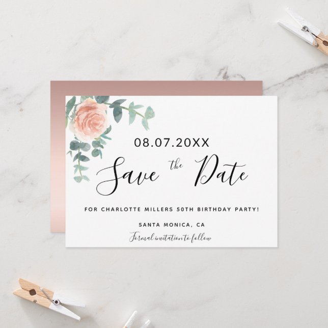 Carte Anniversaire rose or floral enregistrer la date (Devant/Arrière en situation)