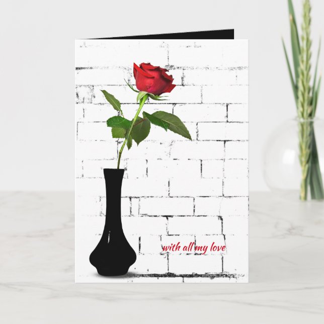 Carte anniversaire rose rouge dans vase noir (Devant)
