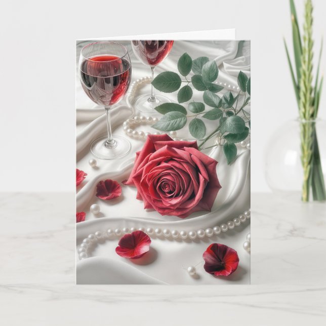 Carte Anniversaire Rose rouge et vin (Devant)