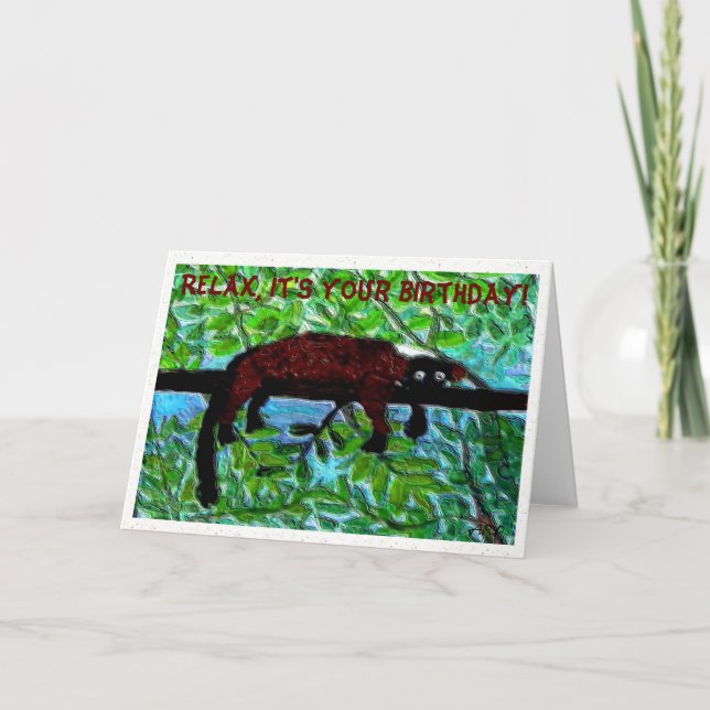 Carte Anniversaire rouge drôle de lémur (Devant)