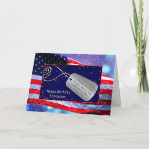 CARTE ANNIVERSAIRE/SERVICEMAN US DRAPEAU -DOG/TAGS -BIBL