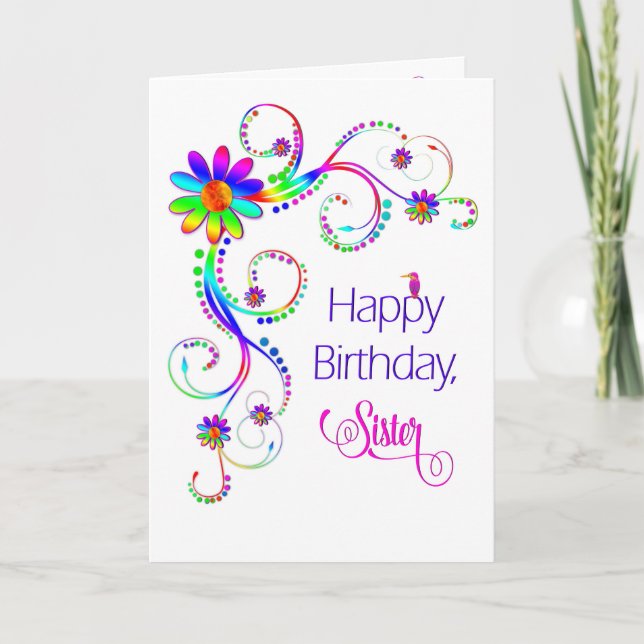 Carte Anniversaire, Soeur, Abstraite florale aux couleur (Devant)