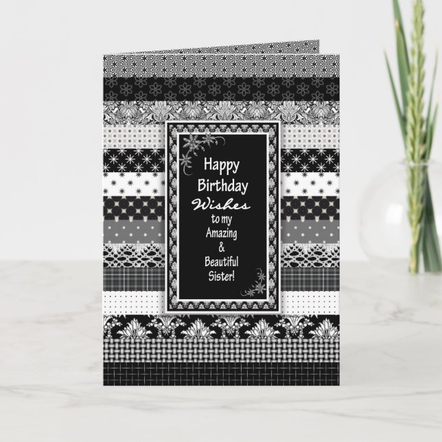 Carte Anniversaire, SOEUR, Couches d'impression noir/bla (Devant)
