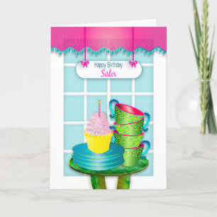 Carte Anniversaire, Soeur, Fenêtre et Cupcake et Coupes