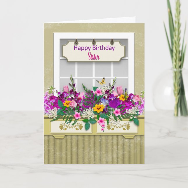 Carte Anniversaire, Soeur, Fleurs dans la boîte à fenêtr (Devant)