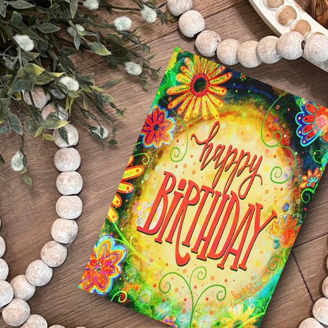 Carte Anniversaire Souhaite Amusant Whimsical Jaune Flor (Pretty happy birthday card by Inspirivity)
