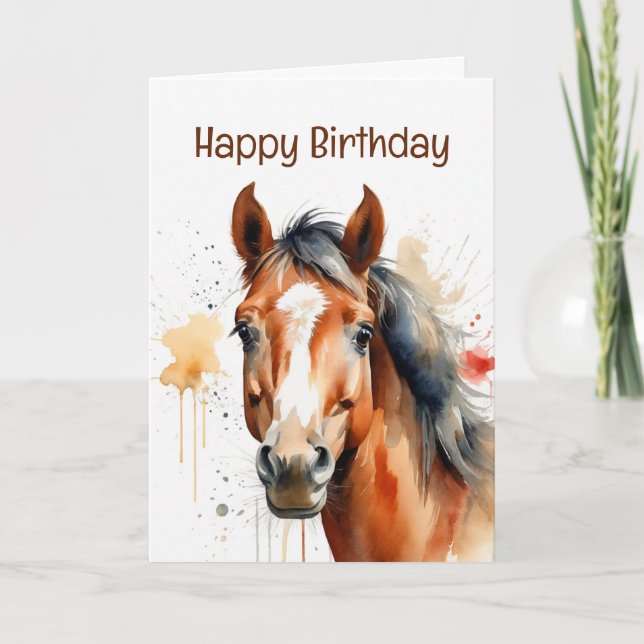 Carte Anniversaire Spécial Cheval Aquarelle Art (Devant)