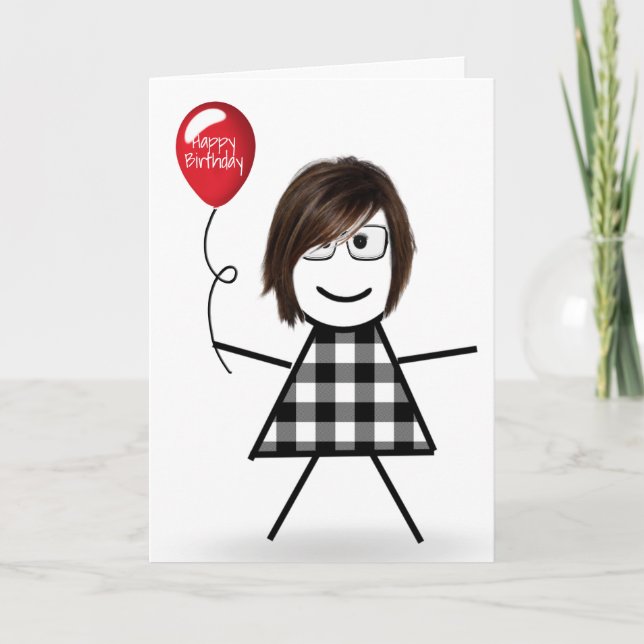 Carte Anniversaire Stick Girl avec Balloon rouge (Devant)