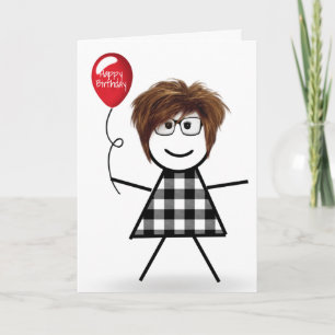 Carte Anniversaire Stick Girl avec Balloon rouge