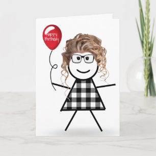 Carte Anniversaire Stick Girl avec Balloon rouge