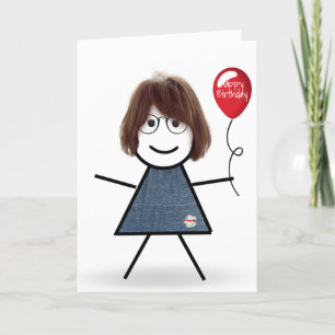 Carte Anniversaire Stick Girl avec Balloon rouge