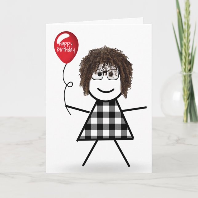 Carte Anniversaire Stick Girl avec Balloon rouge (Devant)